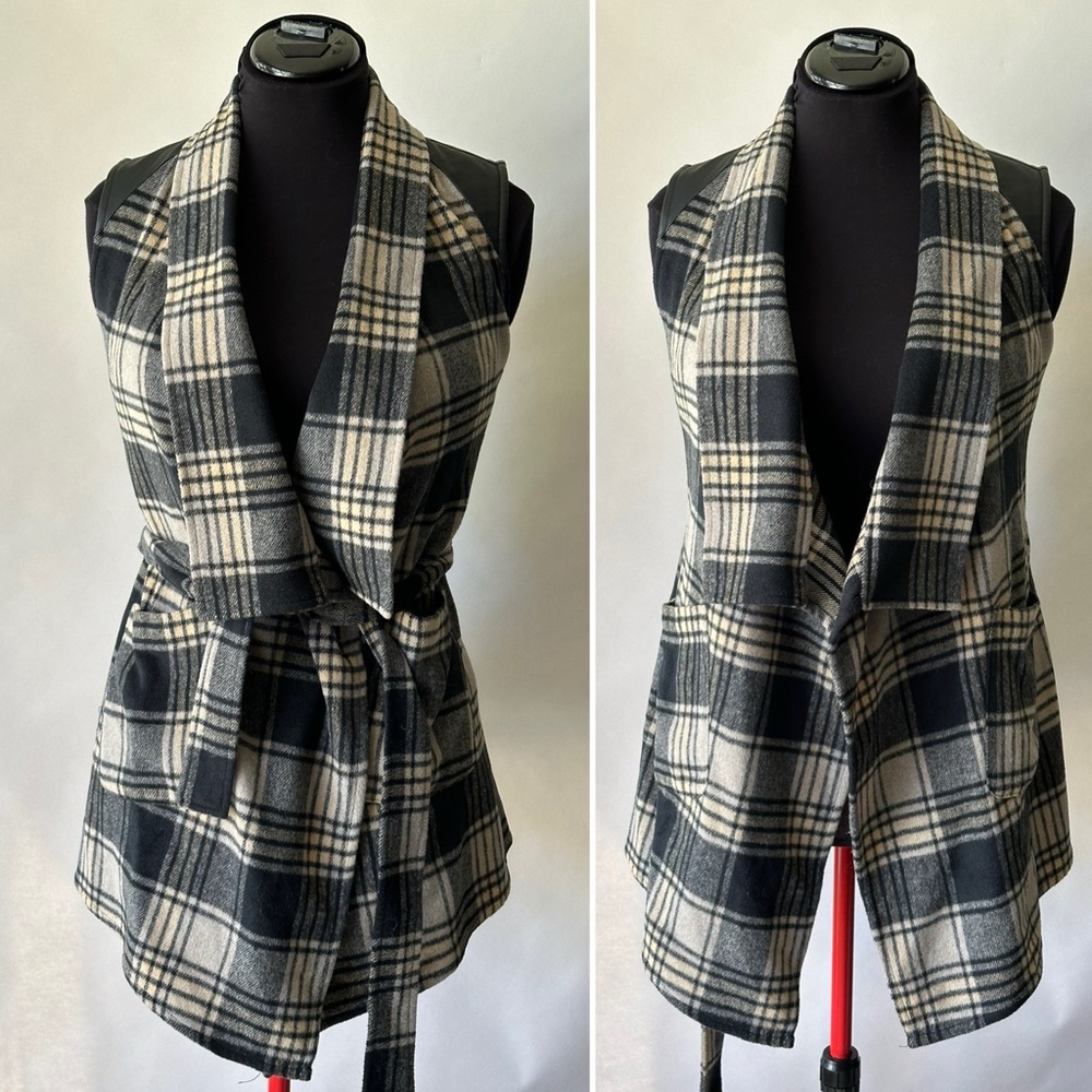 Wool & leather detail plaid vest